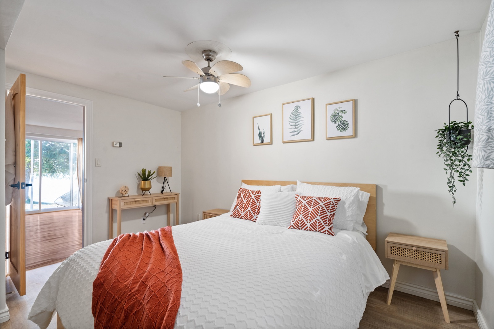 Bright guest bedroom with warm natural accents