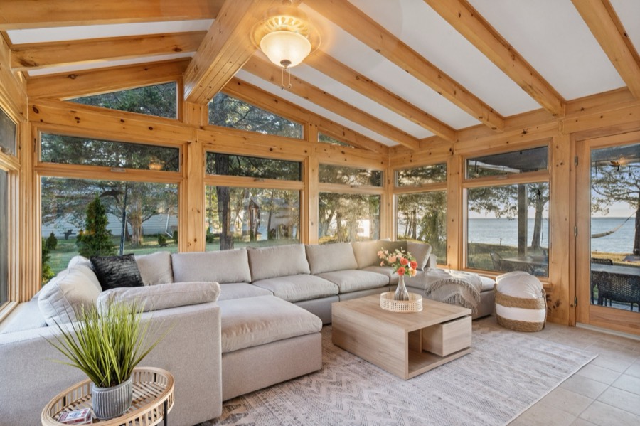 Natural-wood sunroom lounge